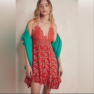 Free People One Adella Printed Mini Slip Dress Women's Size S Red Meadow Combo